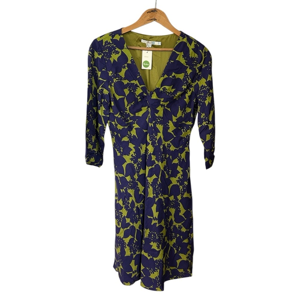 NWT Boden | Women’s Olive Green/Navy Floral Twist Front Vneck 3/4 Sleeve Dress 6